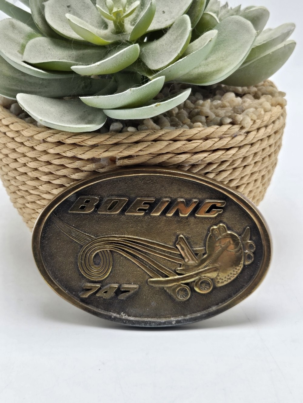 Vtg BTS Boeing 747 Solid Brass Belt Buckle Airplane Aviation Statement Men's
